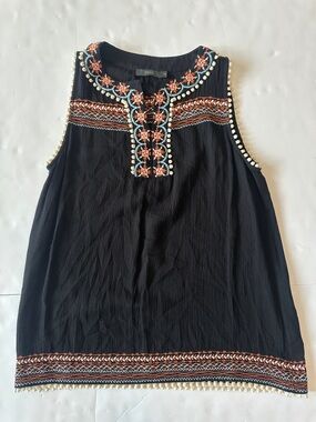 THML Black Boho XS Gauze Tank with Vibrant Geometric Embroidery & Pom Trim